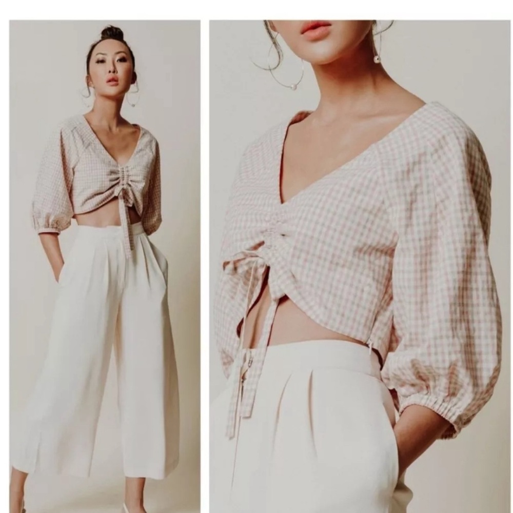 Chriselle x J.O.A. Ruched Front Checkered Crop Top Size S